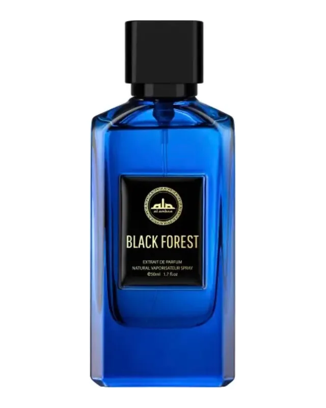 Bottle of Al Ambra Black Forest: cobalt-blue glass with a black cap and a black label printed in gold