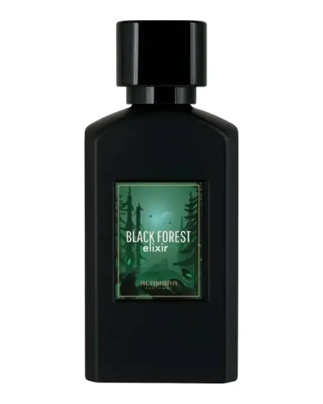 Bottle of Al Ambra Black Forest Elixir: matte black with a black cap and a green label showing a forest
