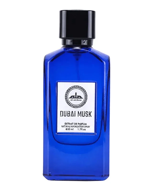 Bottle of Al Ambra Dubai Musk: cobalt-blue glass with a black cap and a white label