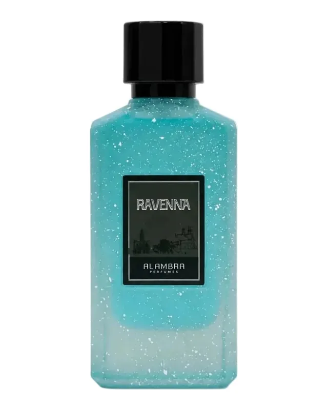 Bottle of Al Ambra Ravenna: turquoise glass speckled with white, with a black cap and a dark label showing a city skyline