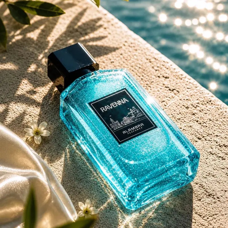 A bottle of Al Ambra Ravenna lying on a stone ledge beside water, in the shop's second product photo
